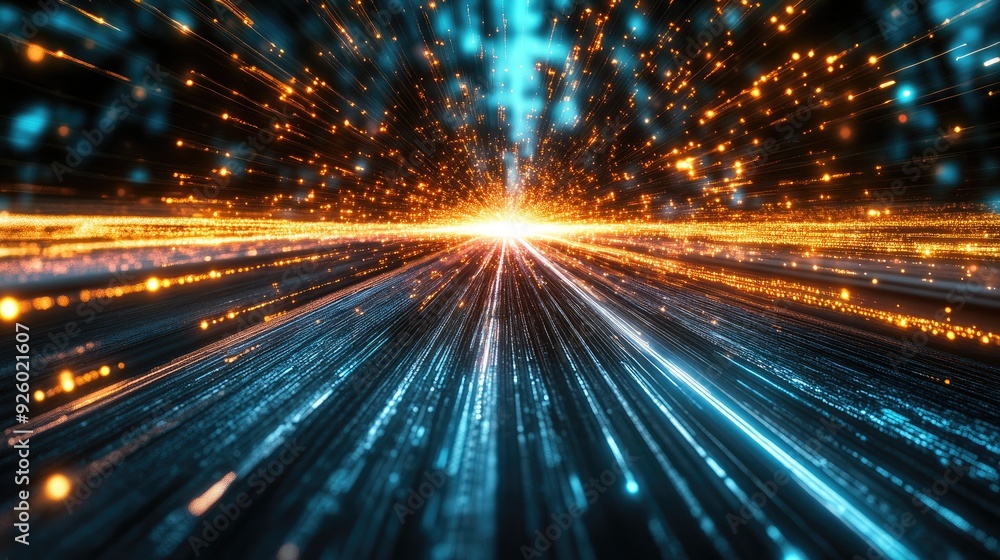 Poster abstract digital light streaks. this futuristic image depicts the flow of data and information in th