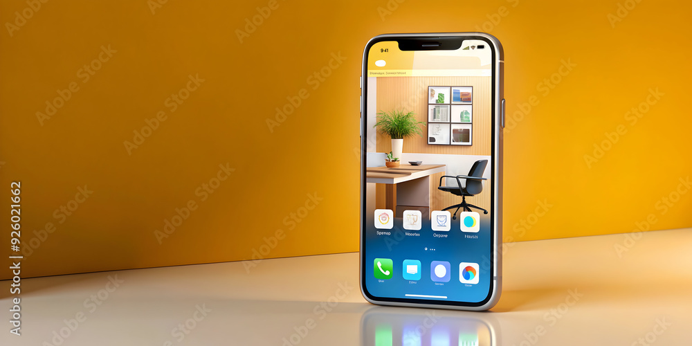 Poster modern mobile phone with holographic task manager and flexible workspace concept. zooming into the s
