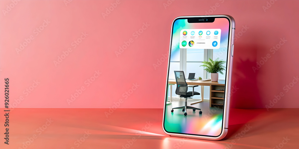 Poster modern mobile phone with holographic task manager in a flexible workspace concept. sleek design with
