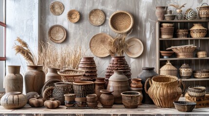 A Collection of Rustic Pottery and Woven Baskets