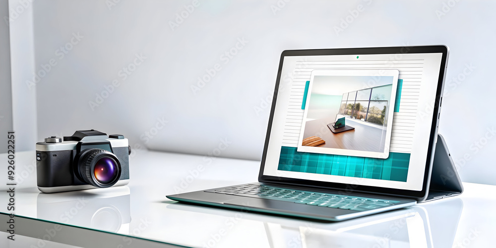 Poster holographic document editor on tablet and desktop with flexible workspace concept. clean and modern 