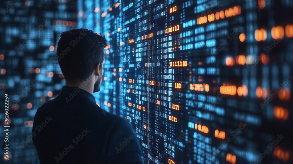 Poster a man analyzes vibrant data streams on a glowing digital wall, showcasing his focus and curiosity in