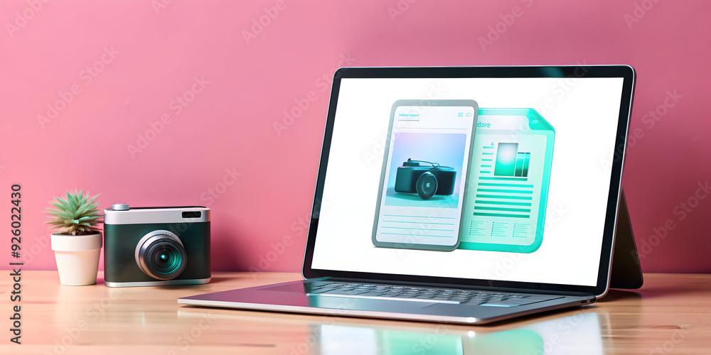 Poster modern workspace with holographic document editor on tablet and desktop screens. ideal for flexible 