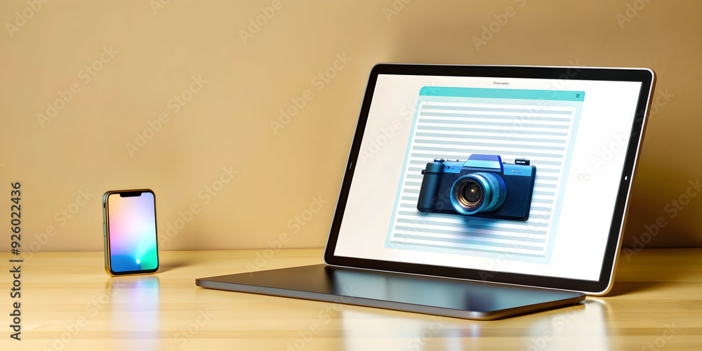 Poster modern workspace with holographic document editor for easy document management. tablet and desktop s