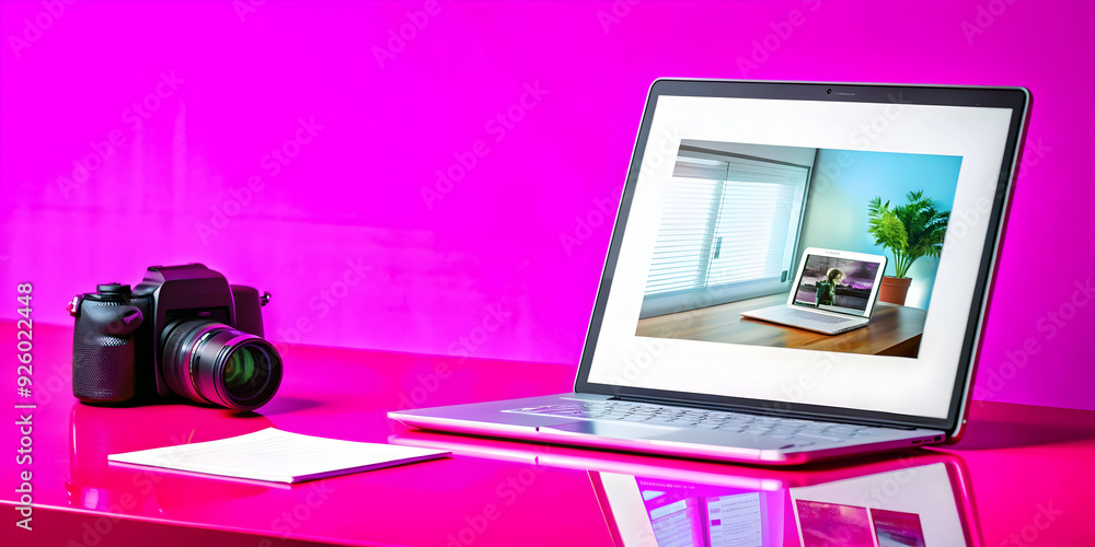 Poster holographic document editor on tablet and desktop with flexible workspace concept. clean and modern 