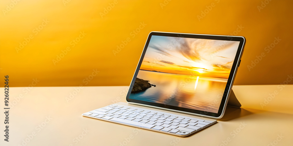 Poster tablet and keyboard with holographic content creation app in a clean workspace - seo photo stock con