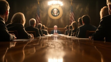 Government Officials in a Meeting Room with Presidential Seal and American Flags in Background