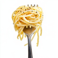 Close up Spaghetti on fork, fettuccine pasta on an isolated white background