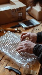 Obraz premium Protective Wrapping Techniques: Hands Securing Bubble Wrap Around Electronic Gadget for Safe Shipping