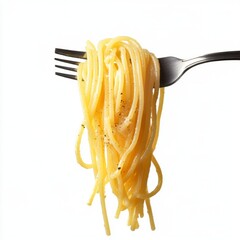 Close up Spaghetti on fork, fettuccine pasta on an isolated white background