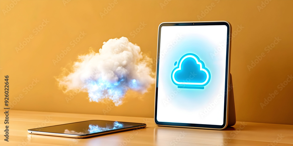 Poster tablet and mobile with holographic cloud storage in a sleek workspace setting. highlighting flexibil