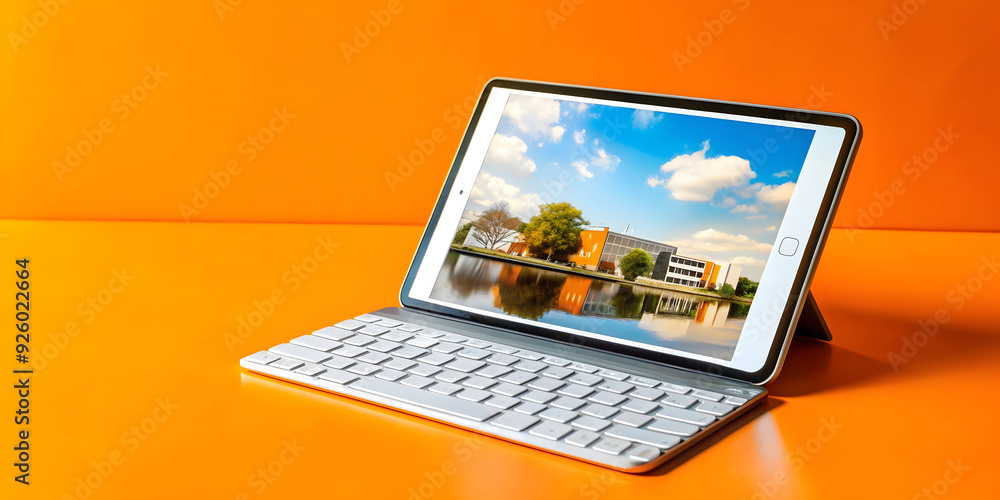 Fototapete tablet and keyboard with holographic content creation app in modern workspace setting