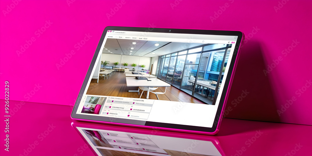 Poster tablet displaying holographic project planner in clean workspace. ideal for project management. phot