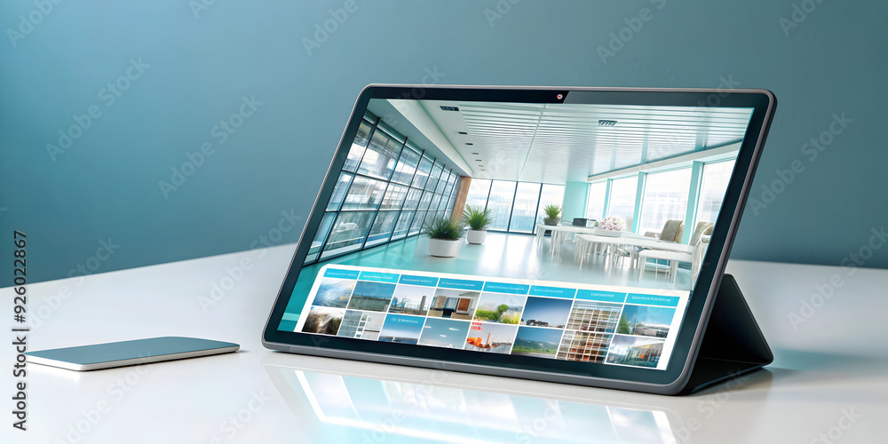 Poster tablet with holographic project planner and flexible workspace concept. clean and professional scene