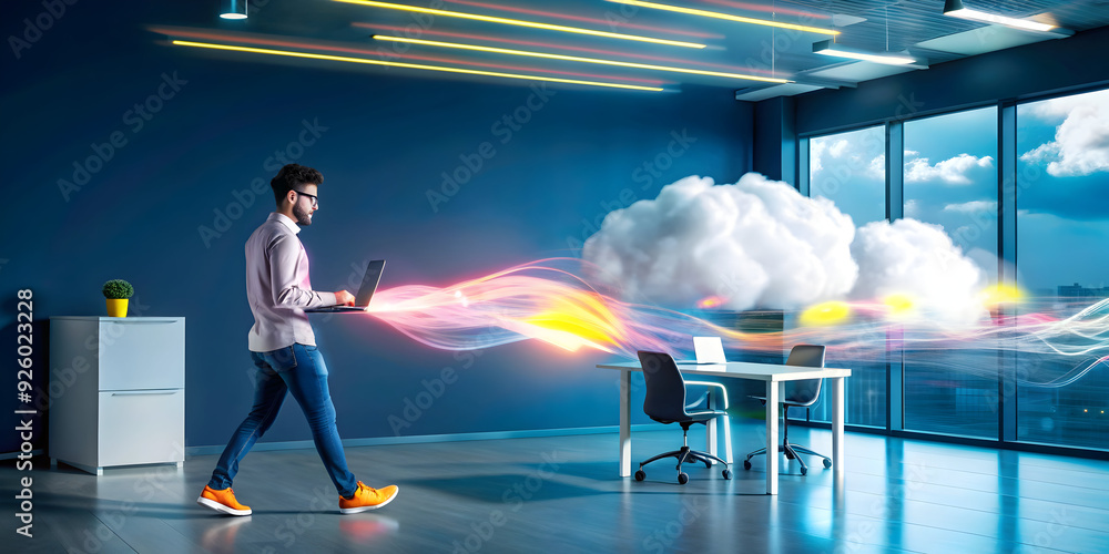 Poster dynamic abstract digital art showcasing flexible workspace with cloud-based tools, emphasizing mobil