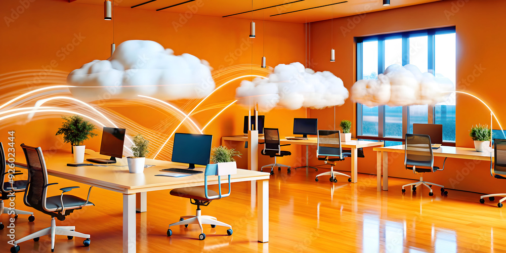 Poster abstract digital art featuring a person in a flexible workspace using cloud-based tools. dynamic sha