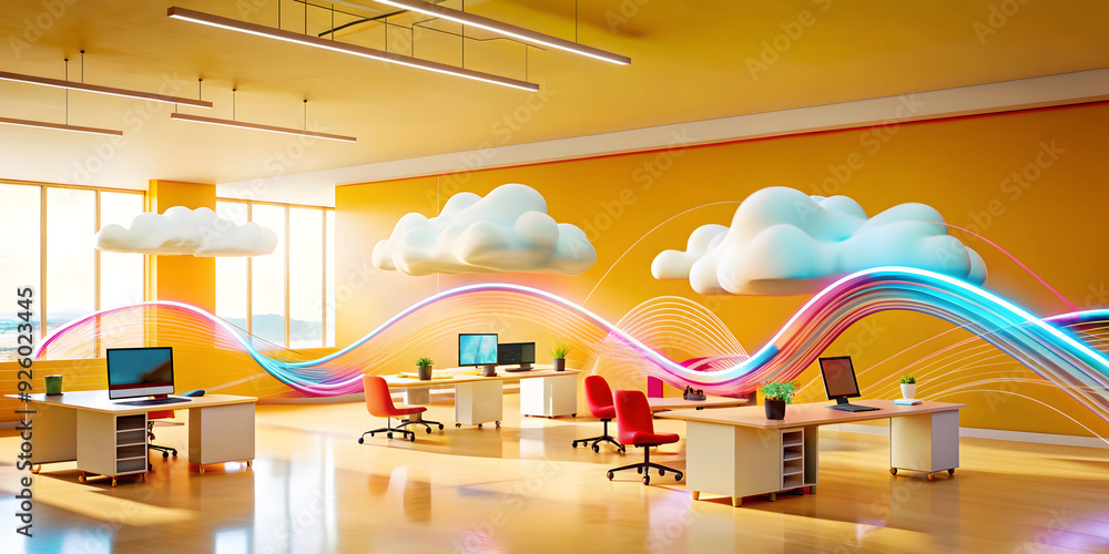Poster abstract digital art featuring a person in a flexible workspace using cloud-based tools. dynamic sha