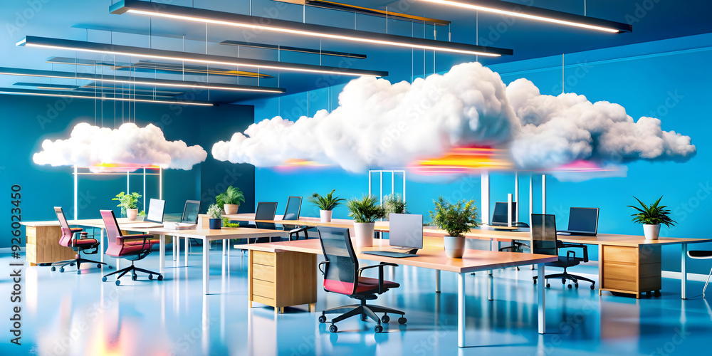 Poster abstract digital art featuring a person in a flexible workspace using cloud-based tools. dynamic sha