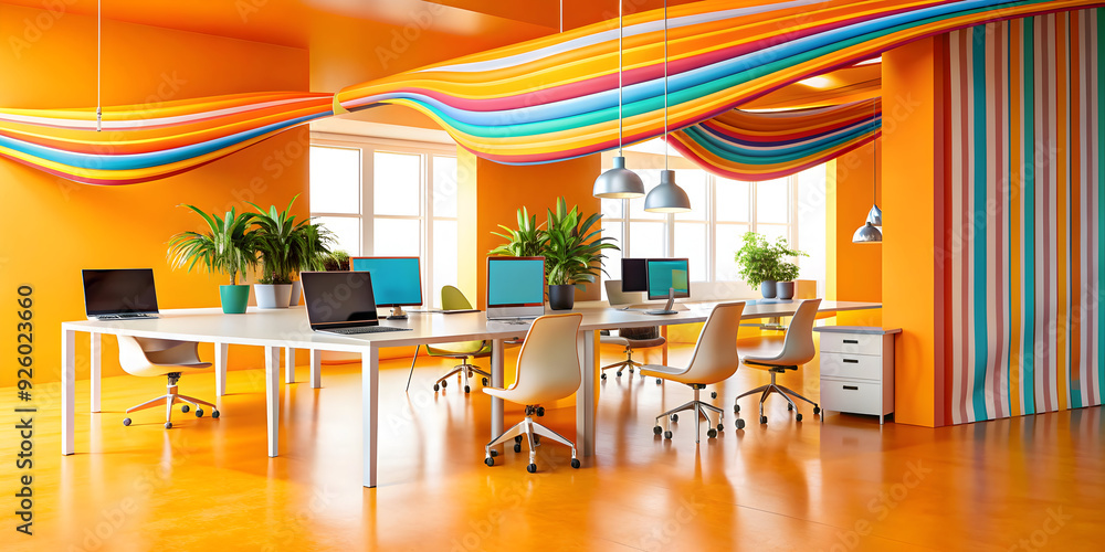 Poster dynamic abstract lines representing a flexible workspace concept. vibrant and glossy elements highli
