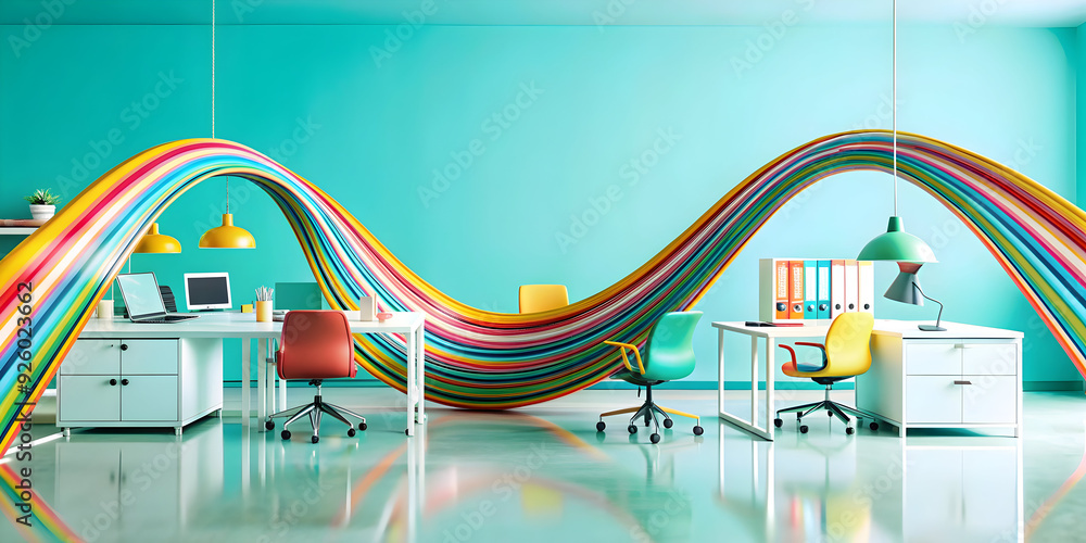 Poster dynamic abstract lines depict flexible workspace concept, showcasing adaptability and creativity in 