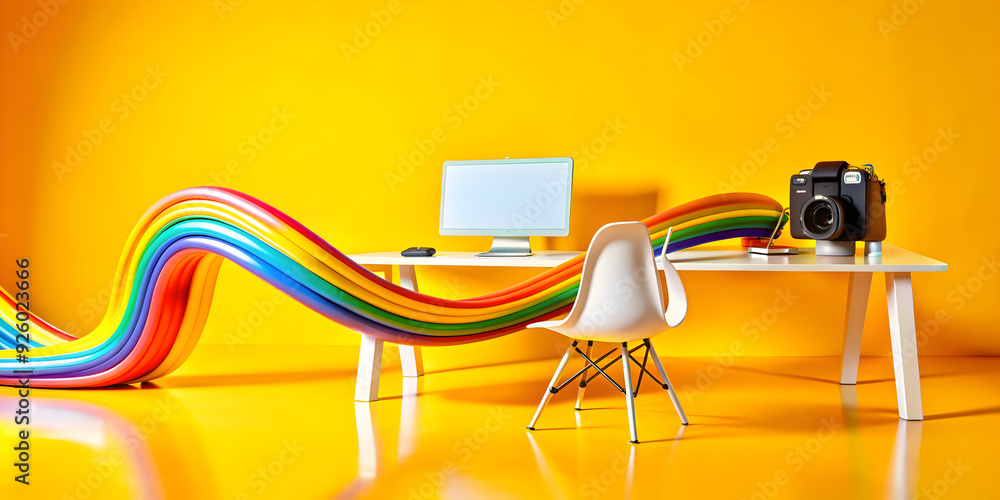 Poster dynamic abstract lines creating a flexible digital workspace concept. explore glossy colorful elemen