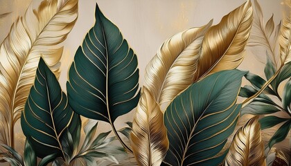 Vintage tropical green brown leaves, beige background, golden texture. Luxury mural, premium wallpaper. 3d painting illustration, watercolor design.  © MdRakibul