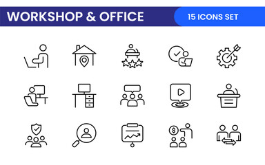 Workshop and Office related outline icon collection. Editable line icon set.