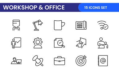 Workshop and Office related outline icon collection. Editable line icon set.