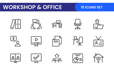 Workshop and Office related outline icon collection. Editable line icon set.