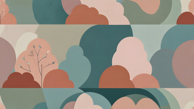 Dreamy Pastel Landscape: A whimsical illustration of rolling hills and fluffy clouds in soft, muted hues, evoking a sense of peace and tranquility.  