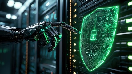 AI and Cyber security, hand of AI dark robot punch the modern green shield that glows on the right side from glowing light and digital data connections, on server room background