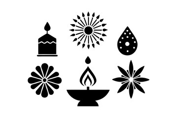 Diwali Logo Icon Set: 6 Silhouette Designs of Diya Lamp, Fireworks, and Rangoli Patterns - Minimalistic Vector Illustration for Festive Events