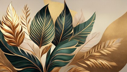 Vintage tropical green brown leaves, beige background, golden texture. Luxury mural, premium wallpaper. 3d painting illustration, watercolor design. 