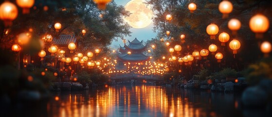 Naklejka premium Photography of a folklore-themed lantern parade under a full moon during Mid-Autumn Festival, medium shot.