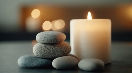 Serene Spa Setting with Stacked Stones and Lit Candle for Relaxation and Meditation