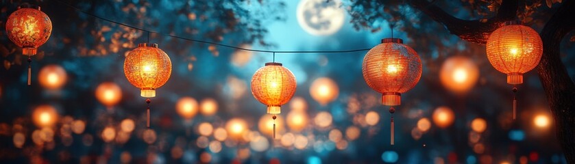 Fototapeta premium Photography of a festival parade with glowing lanterns under the full moon during Mid-Autumn Festival, medium shot.