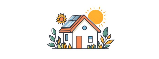 A simple, flat vector logo depicting an off-grid house with solar panels on the roof, a sun in the background, sunflowers, and greenery