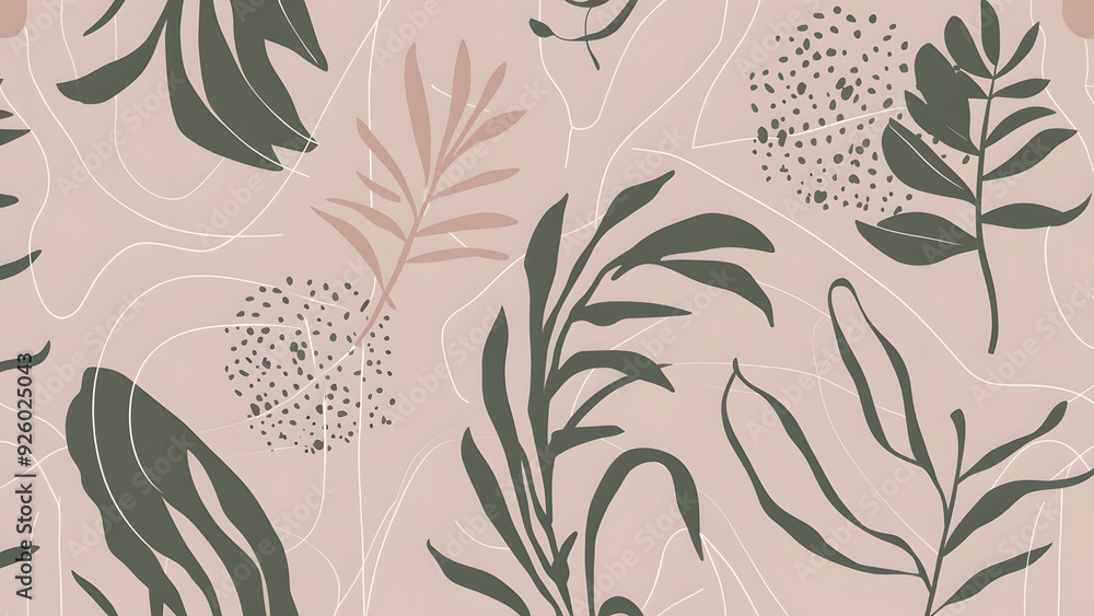 Poster Dusty Rose Botanical Seamless Pattern: A delicate and elegant pattern featuring dusty rose background with hand-drawn botanical elements in soft green hues.  The minimalist design creates a sense of c