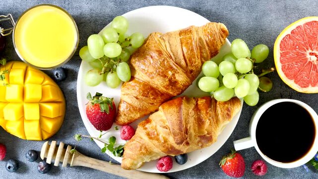 healthy breakfast buffet with croissant, fresh fruits, coffee cup, granola