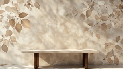 Empty table against beige textured wall background. Composition with glossy leaves on the wall. Generative ai