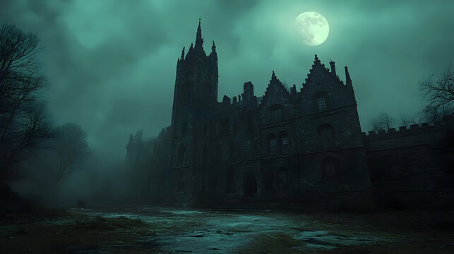 Gothic Castle Illuminated by Moonlight with Shadowy Figures Haunted Castle Tour Halloween Night
