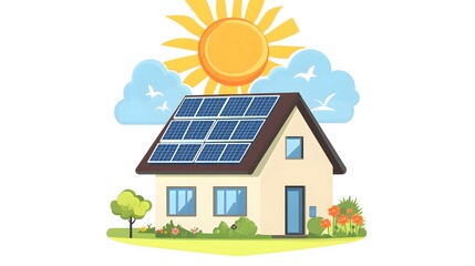 A simple, flat vector logo depicting an off-grid house with solar panels on the roof, a sun in the background, sunflowers, and greenery