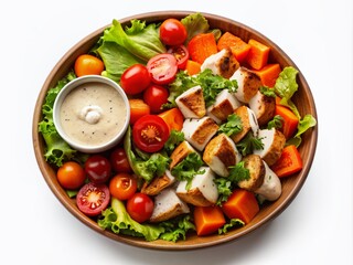 Vibrant top-down view of a ceramic bowl filled with a nutritious chicken salad, roasted sweet potatoes, crisp lettuce, juicy tomatoes, and a dollop of creamy sauce on a clean white background.
