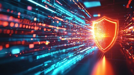 Cyber security, data currents fast running from the left side hit the shield that glows on the right side, on office background