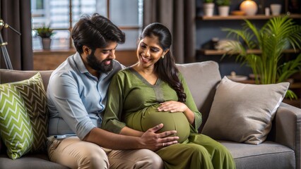 happy indian couple expecting a baby while husband