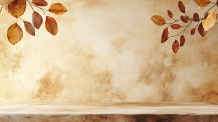 Empty table against beige textured wall background. Composition with glossy leaves on the wall. Generative ai