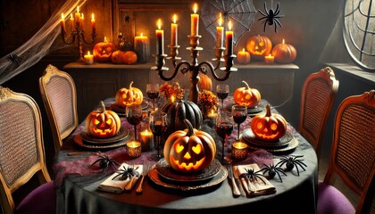 Elegant Halloween table setting with glowing jack-o'-lanterns, candles, and spider decorations.