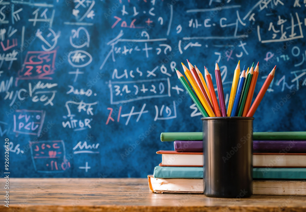 Poster back to school concept featuring a stack of books and colored pencils in a classroom setting with a 