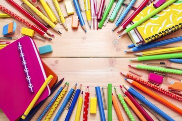 Colorful stationery on a wooden background. learning concept