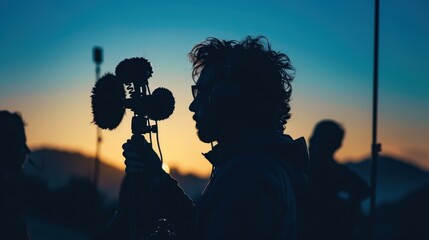 Silhouette of a boom operator holding a microphone over actors, highlighting the sound team's role in filmmaking.